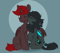 Size: 3373x3000 | Tagged: safe, artist:melodylibris, oc, oc only, oc:hardy, oc:umbra glow, alicorn, bat pony, pony, alicorn oc, bat pony oc, cute, duo, freckles, hair tie, heart, high res, horn, hug, nose wrinkle, simple background, snoot, winghug, wings