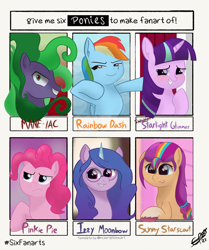 Size: 2010x2400 | Tagged: safe, artist:_cobalttuelatte, izzy moonbow, mane-iac, pinkie pie, rainbow dash, starlight glimmer, sunny starscout, earth pony, pegasus, pony, unicorn, g4, g5, my little pony: a new generation, alternate hairstyle, high res, mane swap, six fanarts, starlight sparkle