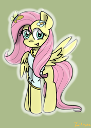 Size: 1122x1588 | Tagged: safe, artist:twiliset, fluttershy, butterfly, pegasus, pony, g4, clothes, cute, flower, looking at you, simple background, smiling, smiling at you, spread wings, wings