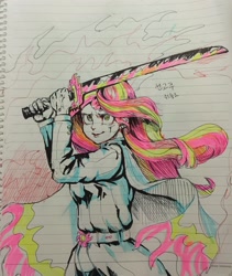 Size: 2854x3385 | Tagged: source needed, safe, artist:zzugguri, sunset shimmer, human, equestria girls, g4, clothes, cosplay, costume, demon slayer, fire, high res, katana, smiling, solo, sword, traditional art, weapon