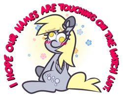 Size: 5000x4000 | Tagged: safe, artist:threetwotwo32232, derpy hooves, pegasus, pony, g4, female, flower, looking at you, mare, simple background, solo, text, transparent background