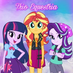 Size: 1024x1024 | Tagged: safe, starlight glimmer, sunset shimmer, twilight sparkle, human, equestria girls, g4, my little pony equestria girls: better together, album cover, beanie, clothes, cutie mark on clothes, geode of empathy, hat, jewelry, leather, leather vest, magical geodes, magical trio, necklace, pants, ripped pants, shirt, shoulderless shirt, skirt, song, spikes, torn clothes, vest, watch, wristwatch