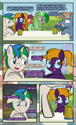 Size: 1920x3168 | Tagged: safe, artist:alexdti, oc, oc only, oc:brainstorm (alexdti), oc:purple creativity, oc:screwpine caprice, oc:star logic, oc:vee, pegasus, pony, unicorn, comic:quest for friendship, angry, comic, crying, dialogue, female, floppy ears, folded wings, glasses, grammar error, grin, high res, hooves, horn, lidded eyes, looking at someone, looking away, male, mare, mug, narrowed eyes, nervous, nervous smile, open mouth, open smile, outdoors, pegasus oc, ponytail, question mark, sad, shrunken pupils, smiling, speech bubble, stallion, unicorn oc, wavy mouth, wings