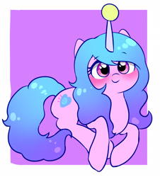 Size: 2191x2421 | Tagged: safe, artist:leo19969525, izzy moonbow, pony, unicorn, g5, abstract background, ball, blue hair, blue tail, blushing, cute, female, hair, horn, hornball, izzy's tennis ball, izzybetes, looking at you, simple background, smiling, smiling at you, solo, tail, tennis ball