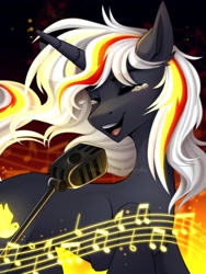 Size: 3072x4096 | Tagged: safe, artist:buvanybu, oc, oc only, oc:velvet remedy, pony, unicorn, fallout equestria, microphone, music notes, open mouth, singing, solo, teary eyes