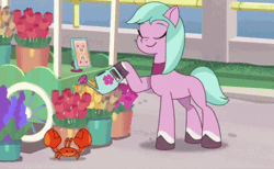 Size: 498x306 | Tagged: safe, screencap, dahlia, mcsnips-a-lot, crab, earth pony, pony, clip trot, g5, my little pony: tell your tale, spoiler:g5, spoiler:my little pony: tell your tale, spoiler:tyts01e07, adordahlia, angry, animated, cute, dancing, eyes closed, female, flower, gif, headbob, mare, the pony hip-hop, tulip, watering, watering can
