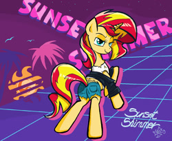 Size: 1280x1051 | Tagged: safe, artist:sallycars, sunset shimmer, pony, unicorn, g4, 80s, bedroom eyes, bipedal, butt, clothes, female, looking at you, looking back, looking back at you, mare, ms paint, plot, shorts, torn clothes