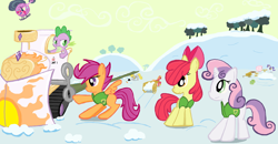 Size: 1750x912 | Tagged: safe, artist:sallycars, apple bloom, big macintosh, derpy hooves, pinkie pie, rarity, scootaloo, spike, sweetie belle, oc, oc:fluffle puff, dragon, earth pony, pegasus, pony, unicorn, g4, 2014, apple bloom's bow, bow, cutie mark crusaders, female, filly, foal, hair bow, helicopter, male, mare, ms paint, old art, slenderpony, snow, stallion, winter wrap up vest