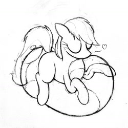 Size: 1841x1840 | Tagged: safe, artist:mizhisha, applejack, g4, balloon, balloon fetish, balloon riding, black and white, eyes closed, fetish, grayscale, heart, kissing, missing accessory, monochrome, sketch, solo, that pony sure does love balloons