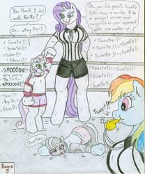 Size: 816x979 | Tagged: safe, artist:jose-ramiro, rainbow dash, rarity, silver spoon, sweetie belle, pegasus, unicorn, anthro, g4, blowing whistle, boxing, boxing ring, breasts, busty rainbow dash, busty rarity, clothes, compression shorts, female, filly, foal, mare, puffy cheeks, rainblow dash, rainbow dashs coaching whistle, rarity's whistle, referee, referee rainbow dash, referee rarity, referee whistle, request, siblings, sideboob, sisters, speech bubble, sports, text, that pony sure does love whistles, traditional art, whistle, whistle necklace