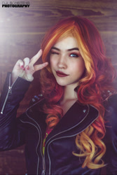 Size: 1125x1689 | Tagged: safe, artist:littlemissbloo, edit, editor:sammykun, faceapp, sunset shimmer, human, equestria girls, g4, bust, clothes, cosplay, costume, female, humanized, irl, irl human, jacket, leather jacket, live action, looking at you, one eye closed, peace sign, photo, photography, portrait, pose, redhead, solo, wink, wood