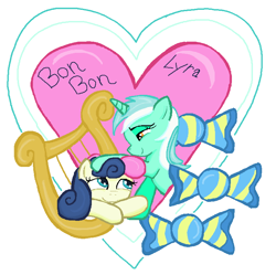 Size: 762x760 | Tagged: safe, artist:sallycars, bon bon, lyra heartstrings, sweetie drops, earth pony, pony, unicorn, g4, 2017, duo, female, heart, lesbian, mare, ms paint, old art, ship:lyrabon, shipping, simple background, white background