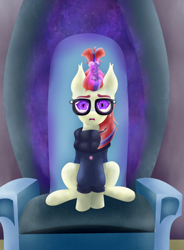 Size: 1558x2113 | Tagged: safe, artist:moonlightrift, moondancer, pony, unicorn, g4, castle of the royal pony sisters, glowing, glowing eyes, magic, mind control, moonlight, solo, throne, throne room