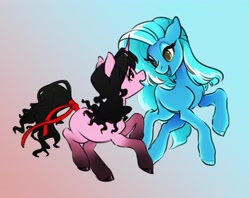 Size: 3766x2987 | Tagged: safe, artist:opalacorn, oc, oc only, earth pony, pony, unicorn, black mane, black tail, duo, female, gradient background, high res, looking at each other, looking at someone, mare, tail, tail wrap