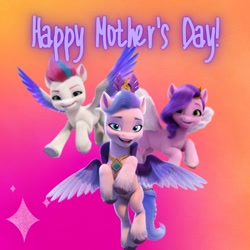 Size: 1080x1080 | Tagged: safe, pipp petals, queen haven, zipp storm, pegasus, pony, g5, abstract background, female, flying, looking at you, mare, mother's day, royal sisters (g5), siblings, sisters