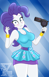 Size: 1992x3126 | Tagged: safe, artist:theretroart88, rarity, human, do it for the ponygram!, equestria girls, g4, my little pony equestria girls: better together, alternate hairstyle, armpits, blushing, breasts, busty rarity, cleavage, female, frown, hair dryer, high res, looking at you, misleading thumbnail, pinkie pie hair, rarity peplum dress, signature, sleeveless, solo, stupid sexy rarity, teeth, trouble