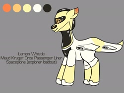 Size: 2160x1620 | Tagged: safe, artist:v-nuz, oc, oc only, oc:lemon whistle, object pony, original species, spaceship ponies, fanfic:friendship drive charging, elite dangerous, full body, gray background, reference sheet, simple background, smiling, solo, spaceship, standing