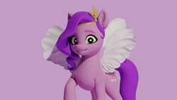 Size: 1280x720 | Tagged: safe, artist:cutthroadstreak, pipp petals, pegasus, pony, g5, my little pony: a new generation, 3d, blender, female, grin, mare, purple background, simple background, smiling, solo, spread wings, wings