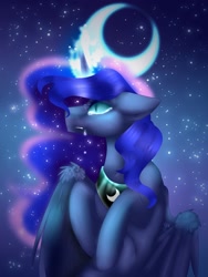Size: 1500x2000 | Tagged: safe, artist:lucinda250, princess luna, alicorn, pony, g4, crescent moon, crying, female, glowing, glowing horn, horn, mare, moon, night, slit pupils, solo, stars