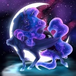 Size: 2000x2000 | Tagged: safe, artist:lucinda250, princess luna, alicorn, pony, g4, constellation, crescent moon, crying, eyes closed, female, high res, looking at you, mare, moon, night, solo, stars