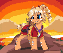 Size: 900x750 | Tagged: safe, artist:brainiac, earth pony, pony, animated, aseprite, blinking, bodypaint, braid, chrono cross, cliff, clothes, crossover, female, gif, grin, kid (chrono cross), knife, not applejack, ocean, pixel art, ponified, smiling, solo, sunset, water