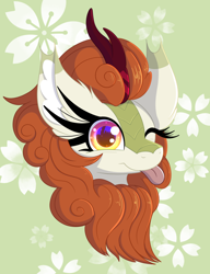 Size: 962x1250 | Tagged: safe, artist:windykirin, autumn blaze, kirin, g4, ;p, bust, female, long eyelashes, one eye closed, portrait, simple background, smiling, solo, tongue out, wink
