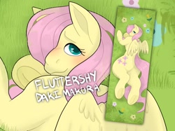 Size: 2048x1535 | Tagged: safe, artist:gooeygaster, fluttershy, g4, blushing, body pillow, body pillow design, flower, grass, looking back, lying down, lying in grass, pillow, pillowcase, solo