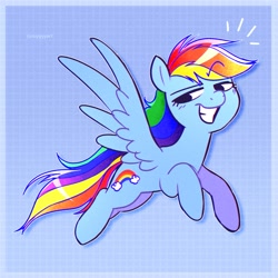 Size: 2500x2500 | Tagged: safe, artist:syrupyyy, rainbow dash, pegasus, pony, g4, abstract background, cute, dashabetes, eyebrows, female, flying, grin, high res, looking back, mare, raised eyebrow, smiling, smug, solo, spread wings, syrupyyy is trying to murder us, wings, wrong cutie mark