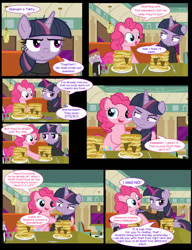 Size: 1042x1358 | Tagged: safe, artist:dendoctor, mean twilight sparkle, pinkie pie, alicorn, earth pony, pony, comic:clone.., g4, alternate universe, clone, clothes, comic, diner, female, food, fork, glowing, glowing horn, horn, magic, pancakes, pepper, pinkie clone, plate, salt, taffy, telekinesis, twilight sparkle (alicorn)
