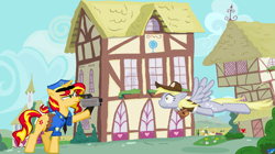Size: 2527x1420 | Tagged: safe, artist:sallycars, derpy hooves, sunset shimmer, pegasus, pony, unicorn, g4, 2016, female, mailmare, mare, ms paint, old art, police uniform