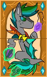 Size: 1269x2069 | Tagged: safe, artist:thundernote, oc, oc only, oc:thundernote, changeling, hybrid, pegasus, pony, amulet, arcana focus, bandana, blaze (coat marking), coat markings, crystal, duo, facial markings, freckles, gem, glowing, glowing horn, green changeling, horn, jewelry, krita, magic, multi-maned, multicolored hair, new version, new vs old, old version, spots, two toned mane