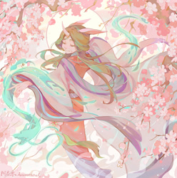 Size: 1189x1200 | Tagged: safe, artist:animesoul, part of a set, mistmane, chinese dragon, dragon, human, g4, cherry blossoms, clothes, curved horn, dragon spirit, eared humanization, female, flower, flower blossom, horn, horned humanization, humanized, kimono (clothing), lidded eyes, solo