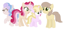 Size: 1280x587 | Tagged: safe, artist:monochrome-sunsets, oc, oc only, earth pony, pony, unicorn, g4, female, filly, foal, magical gay spawn, magical lesbian spawn, offspring, parent:caesar, parent:coconut cream, parent:cozy glow, parent:dinky hooves, parent:donut joe, parent:flim, parent:princess cadance, parent:zippoorwhill, simple background, transparent background