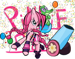 Size: 1977x1567 | Tagged: safe, artist:sallycars, gummy, pinkie pie, alligator, earth pony, pony, g4, 2016, balloon, confetti, female, mare, ms paint, old art, party cannon, tongue out