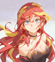 Size: 1077x1200 | Tagged: safe, artist:animesoul, sunset shimmer, human, bare shoulders, breasts, busty sunset shimmer, choker, cleavage, cute, female, humanized, looking at you, shimmerbetes, simple background, sleeveless, smiling, smiling at you, solo, strapless