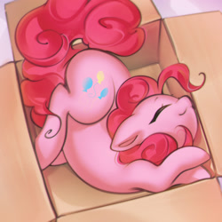 Size: 2671x2671 | Tagged: safe, artist:mirroredsea, pinkie pie, earth pony, pony, g4, behaving like a cat, box, cardboard box, cute, daaaaaaaaaaaw, diapinkes, eyes closed, female, high res, if i fits i sits, mare, ponk, pony in a box, silly, silly pony, solo, stray strand, weapons-grade cute