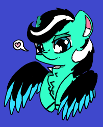 Size: 728x901 | Tagged: safe, artist:rainbowwing, oc, oc only, oc:frostbite(zzy), pegasus, pony, black and white mane, blue background, ear fluff, hoof hold, looking at you, pegasus oc, simple background, smiling, solo, speech bubble, wings