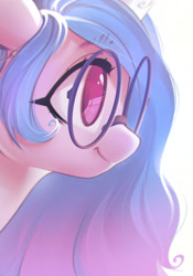 Size: 3334x4771 | Tagged: safe, artist:mirroredsea, izzy moonbow, pony, unicorn, g5, my little pony: a new generation, female, glasses, high res, horn, mare, meganekko, no pupils, simple background, smiling, solo, white background
