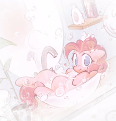 Size: 3803x4000 | Tagged: safe, artist:mirroredsea, pinkie pie, earth pony, pony, g4, bath, blushing, bubble, bubble bath, cute, diapinkes, female, looking at you, mare, no pupils, sink, soap, soap suds, solo