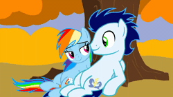 Size: 1000x562 | Tagged: safe, artist:mlplary6, rainbow dash, soarin', pegasus, pony, g4, animated, autumn, boyfriend and girlfriend, cute, dashabetes, female, gif, leaves, looking at each other, looking at someone, male, mare, ship:soarindash, shipping, smiling, smiling at each other, soarinbetes, stallion, straight, tree, windswept hair, windswept mane