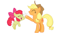 Size: 3278x1830 | Tagged: safe, artist:totalcrazyness101, apple bloom, applejack, earth pony, pony, g4, apple bloom's bow, applejack's hat, bow, cowboy hat, duo, eyes closed, female, filly, foal, hair bow, hat, hoofbump, mare, siblings, simple background, sisters, transparent background, vector