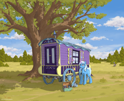 Size: 2376x1938 | Tagged: safe, artist:eriada, trixie, zecora, pony, unicorn, zebra, g4, horn, magic, paintbrush, tail, telekinesis, tree, trixie's wagon, wagon, wheel