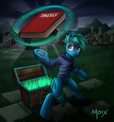 Size: 2250x2399 | Tagged: safe, artist:supermoix, oc, oc:supermoix, pegasus, pony, aura, bipedal, book, chest, clothes, cute, glow in the dark, grass, high res, hoodie, house, looking up, magic, male, mountain, night, ruins, solo, stallion, the legend of zelda, thesis