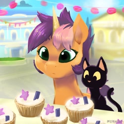 Size: 2048x2048 | Tagged: safe, artist:pfeffaroo, oc, oc only, oc:kettle chip, cat, pony, unicorn, cupcake, food, high res, solo