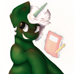 Size: 406x406 | Tagged: safe, anonymous artist, oc, oc:comic field, pony, unicorn, magic, notebook, smiling, smirk, solo