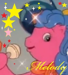 Size: 335x374 | Tagged: safe, edit, edited screencap, screencap, melody, earth pony, pony, battle of the bands (episode), g1, my little pony tales, bipedal, bow, clothes, hair bow, microphone, music notes, scarf, smiling, sparkles, stars, text