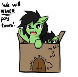 Size: 639x631 | Tagged: safe, artist:neuro, oc, oc only, oc:filly anon, earth pony, pony, box, cardboard, cardboard box, dialogue, duo, female, filly, foal, open mouth, simple background, tax evasion, white background