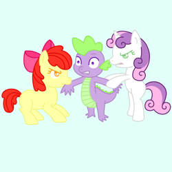 Size: 720x720 | Tagged: safe, artist:fluttergore, edit, apple bloom, spike, sweetie belle, dragon, earth pony, pony, unicorn, g4, angry, argument, bipedal, bow, colored pupils, female, fighting over boy, filly, foal, frown, hair bow, heart, horn, love triangle, male, mare, ship:spikebelle, ship:spikebloom, shipping, shocked, spike gets all the mares, straight, tug of war