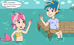 Size: 1473x904 | Tagged: safe, artist:ocean lover, kettle corn, skeedaddle, human, mermaid, g4, bandeau, bare shoulders, belly button, child, clothes, cloud, cute, dialogue, duo, female, fins, fish tail, haiku, hello, human coloration, humanized, kedaddle, kettlebetes, kids, looking at each other, looking at someone, male, male and female, mermaid tail, mermaidized, mermay, midriff, ocean, open mouth, outdoors, pier, shipping, shipping fuel, shirt, shore, shorts, sky, smiling, smiling at each other, species swap, straight, t-shirt, tail, tail fin, text, water, waving, wooden floor