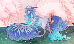 Size: 2048x1213 | Tagged: safe, artist:tri-edge, oc, oc:prince plushy soft, alicorn, pony, butt, cherry blossoms, flower, flower blossom, plot, prince, soft, water, wings